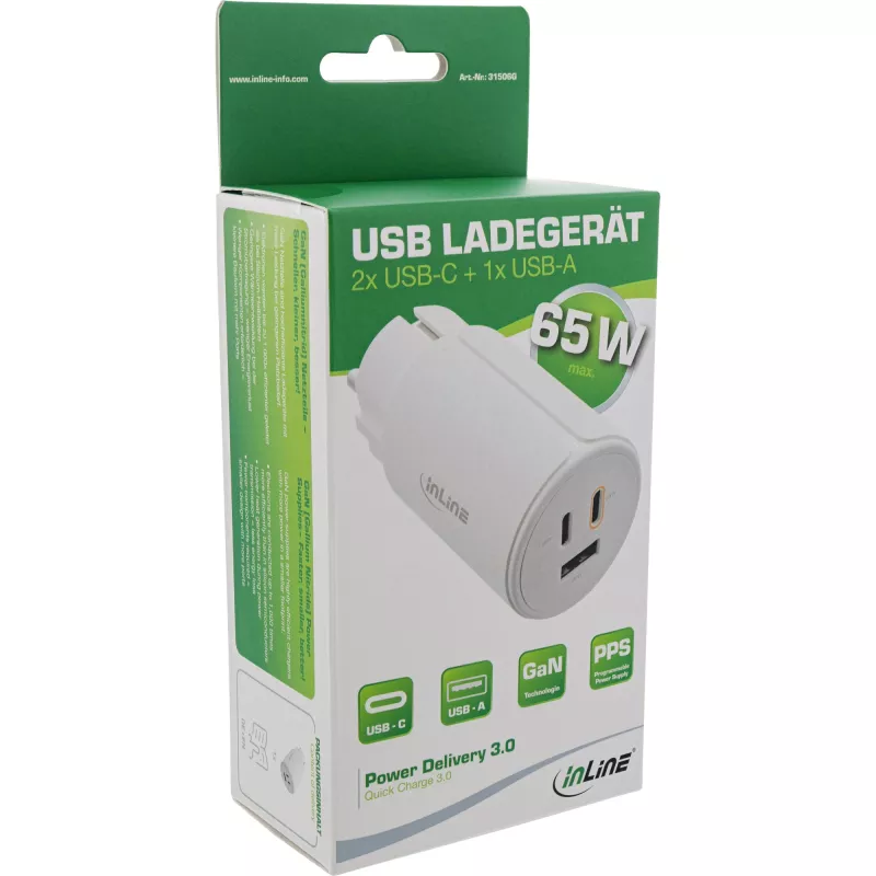 InLine USB PD lādētājs, GaN lādētājs, 3 porti, Dual USB-C + USB-A, 65W, balts
