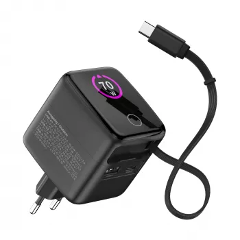 InLine USB barošanas bloks, 70W, GaN, USB-C PD + USB-A QC, kabelis 60cm, melns