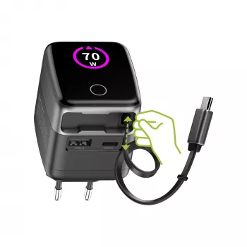 InLine USB barošanas bloks, 70W, GaN, USB-C PD + USB-A QC, kabelis 60cm, melns