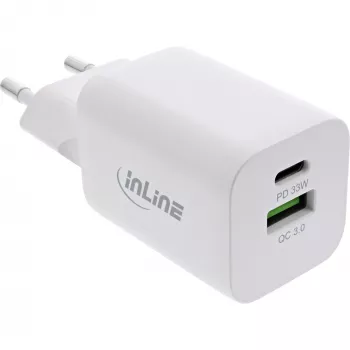 InLine USB barošanas bloks, lādētājs USB-A + USB-C, 33W, PD + QC, balts