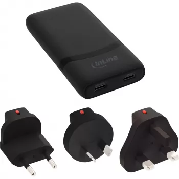 USB barošanas avots lādētājs InLine 31519B Divu USB-C 65W tīkla adapteris ar diviem USB-C portiem