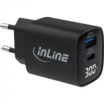 InLine USB PD barošanas bloks, GaN lādētājs, 2-portu, USB-C + USB-A, 30W, ar displeju
