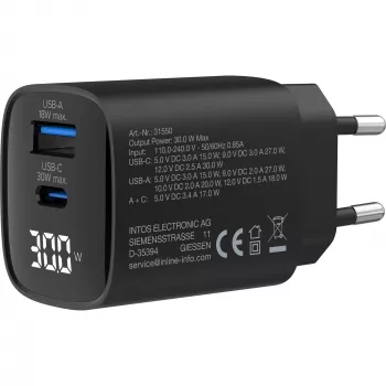 InLine USB PD barošanas bloks, GaN lādētājs, 2-portu, USB-C + USB-A, 30W, ar displeju