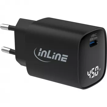 InLine USB PD barošanas bloks, GaN lādētājs, 1 ports, USB-C, 45W, ar displeju