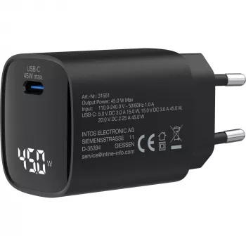 InLine USB PD barošanas bloks, GaN lādētājs, 1 ports, USB-C, 45W, ar displeju