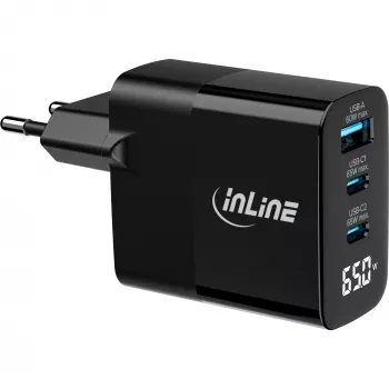 InLine USB PD barošanas bloks, GaN lādētājs, 3-portu, USB-C + USB-A, 65W, ar displeju