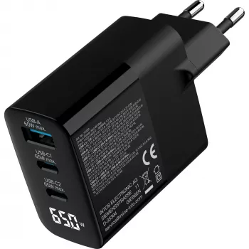 InLine USB PD barošanas bloks, GaN lādētājs, 3-portu, USB-C + USB-A, 65W, ar displeju