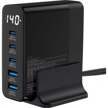 InLine USB PD barošanas bloks, GaN lādētājs, 5-portu, USB-C + USB-A, 140W, ar displeju