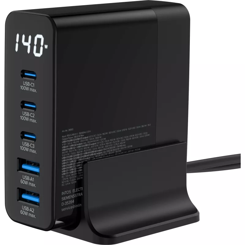 InLine USB PD barošanas bloks, GaN lādētājs, 5-portu, USB-C + USB-A, 140W, ar displeju