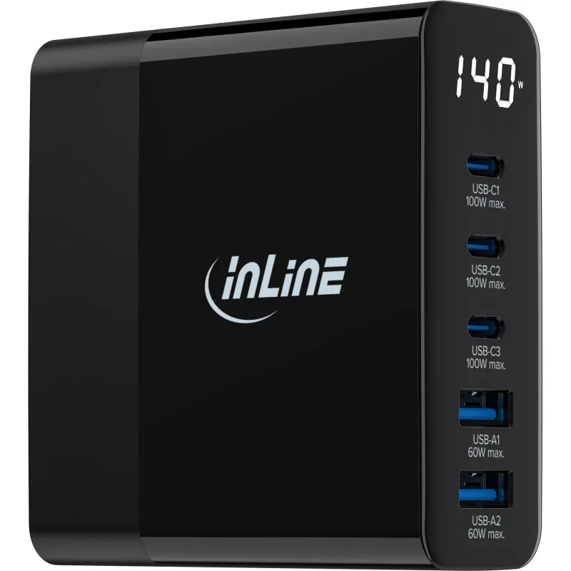 InLine USB PD barošanas bloks, GaN lādētājs, 5-portu, USB-C + USB-A, 140W, ar displeju