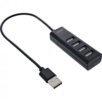InLine USB 2.0 4 portu centrmezgls, Type-A vīriešu uz 4x Type-A sieviešu, melns, 30 cm, plāns