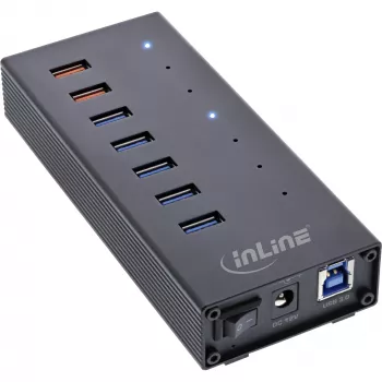 InLine USB 3.2 Gen.1 7 Portu Hubs Alumīnija Korpusā ar 2.5A Barošanas Bloku, melns