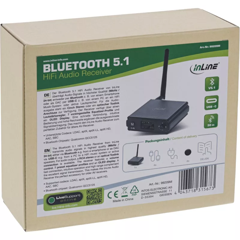 InLine Bluetooth 5.1 HiFi uztvērējs un USB DAC ar LCD, 30m diapazons