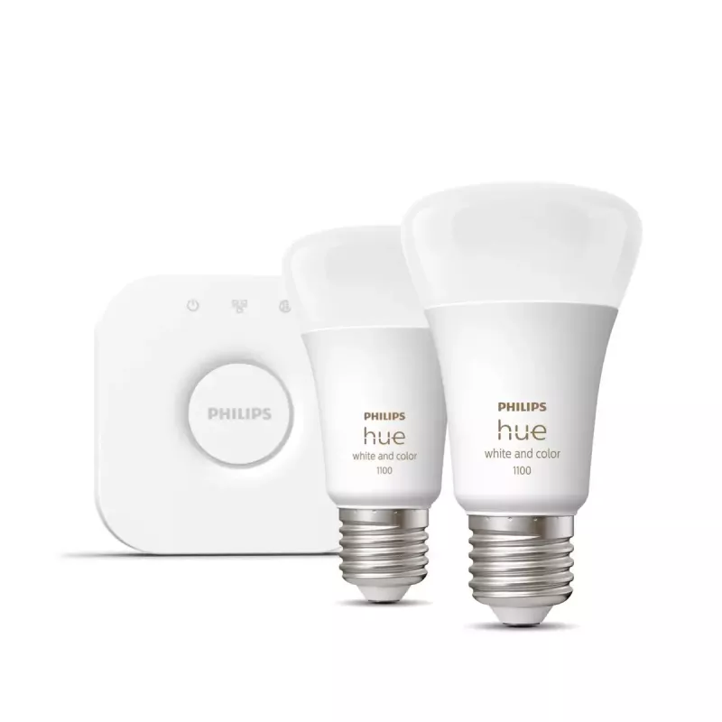 Philips Hue White and Colour Ambience viedās LED gaismas sākuma komplekts — 2× E27 11W spuldzes, Bluetooth/Zigbee