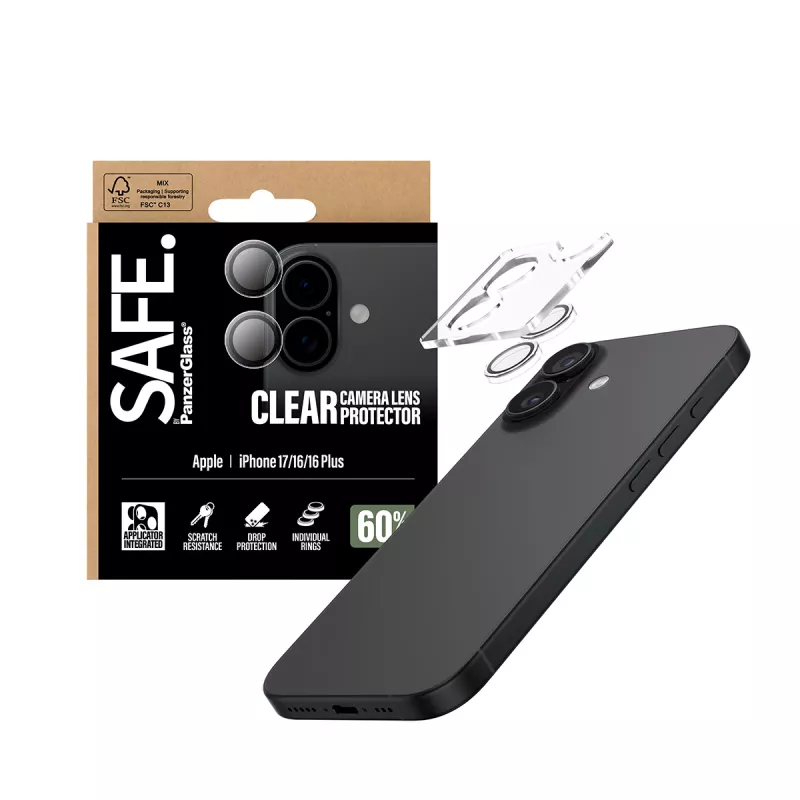 Kameras lēcu aizsargs PanzerGlass SAFE iPhone 17 16 16 Plus — caurspīdīgs, izturīgs pret skrāpējumiem un triecieniem