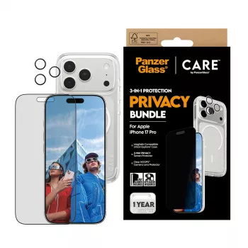 PanzerGlass CARE Privacy Case iPhone 17 Pro 3-in-1 — aizsargmaciņš ar privātuma aizsardzību un kameras vāciņu