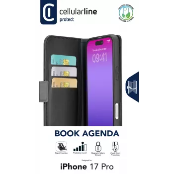 Cellularline Book Agenda – grāmatas stila maciņš iPhone 17 Pro, ādas efekts, magnētiska aizdare