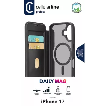 Cellularline Daily Mag - iPhone 17 grāmatveida maciņš ar caurspīdīgu cieto aizmuguri, saderīgs ar MagSafe® ekosistēmu