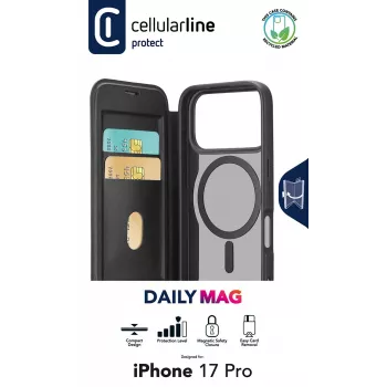 Cellularline Daily Mag iPhone 17 Pro vāciņš - grāmatveida maciņš ar caurspīdīgu cieto aizmuguri, saderīgs ar MagSafe®