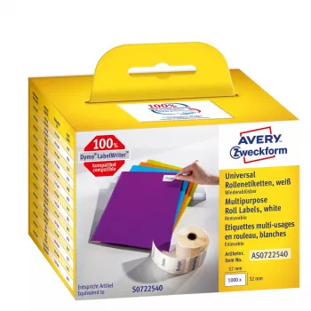 Pašlīmējošas noņemamas taisnstūra etiķetes Avery AS0722540 — 32 × 57 mm, baltas, 1000 gab.