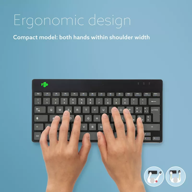 R-Go Tools ergonomiskā tastatūra R-Go Compact Break, kompakta tastatūra ar pārtraukuma programmatūru, QWERTY (IT), Bluetooth, melna