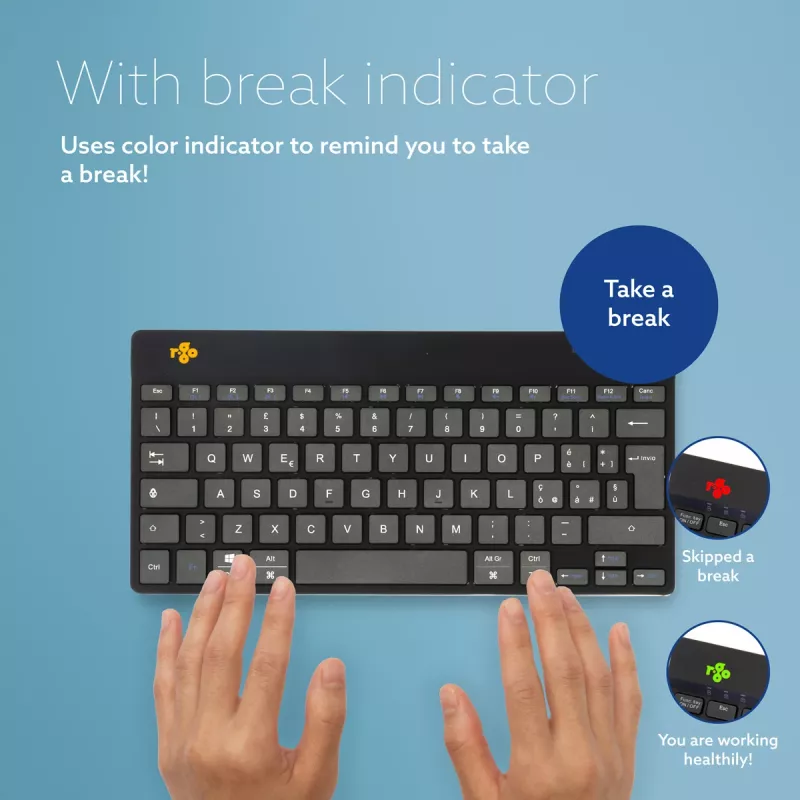 R-Go Tools ergonomiskā tastatūra R-Go Compact Break, kompakta tastatūra ar pārtraukuma programmatūru, QWERTY (IT), Bluetooth, melna
