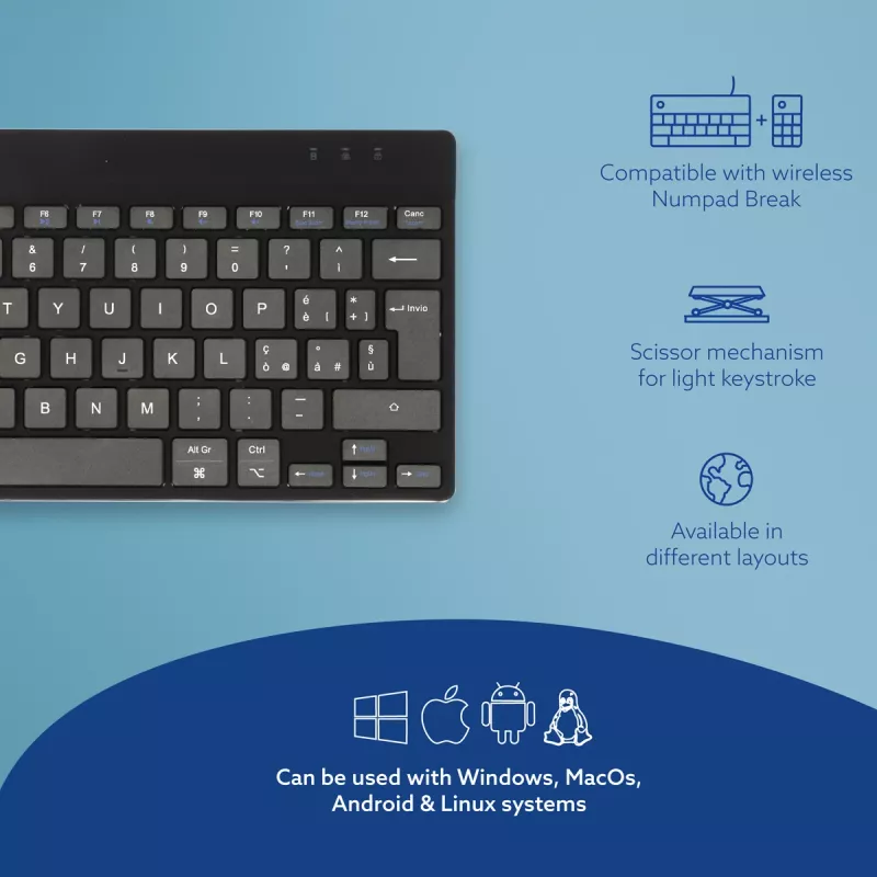 R-Go Tools ergonomiskā tastatūra R-Go Compact Break, kompakta tastatūra ar pārtraukuma programmatūru, QWERTY (IT), Bluetooth, melna
