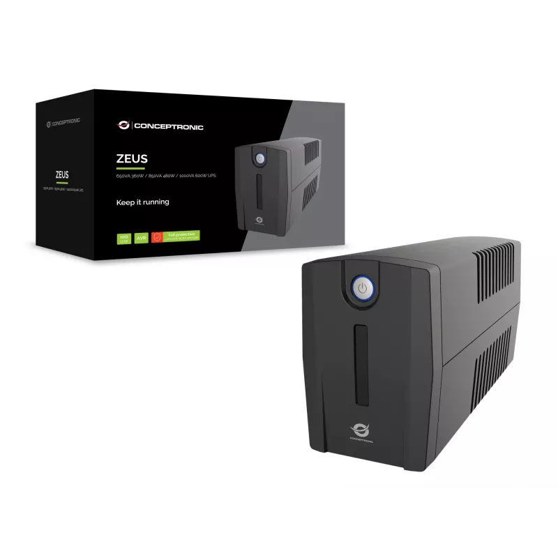 Conceptronic ZEUS01G 650VA 360W UPS, 2x Lielbritānijas kontaktligzda, HID USB, RJ45 Ienākošais/Izejošais, AVR