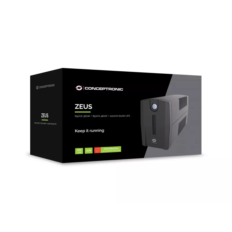 Conceptronic ZEUS01G 650VA 360W UPS, 2x Lielbritānijas kontaktligzda, HID USB, RJ45 Ienākošais/Izejošais, AVR