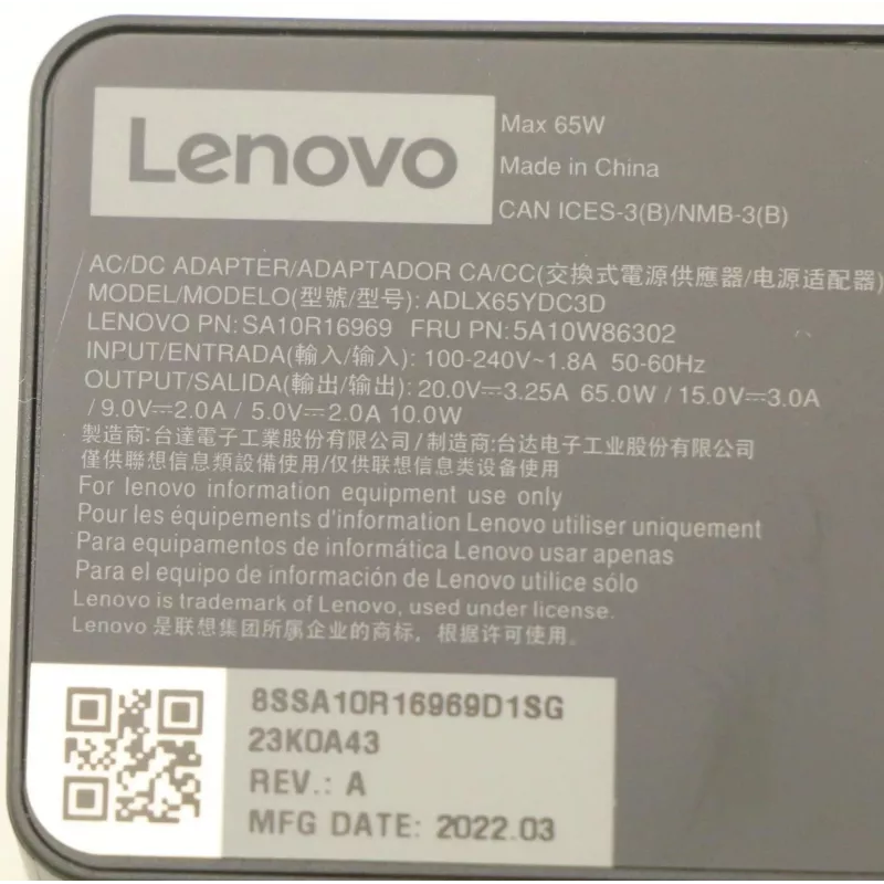Lenovo 5A10W86302 barošanas adapteris / invertors 65 W melns