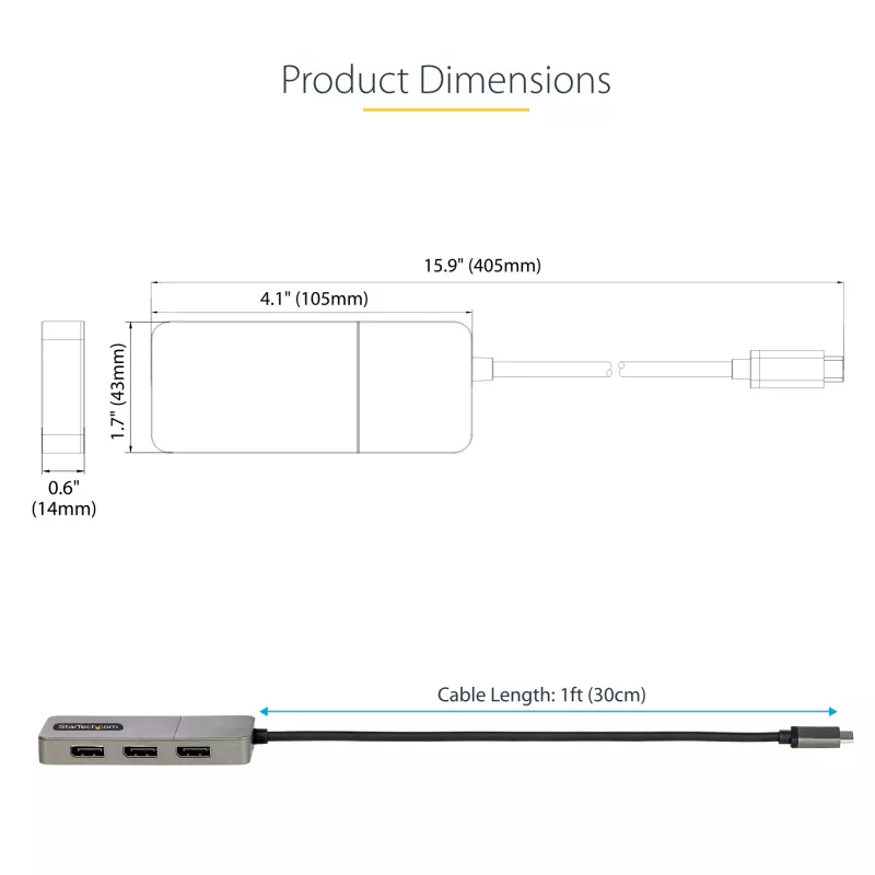 StarTech.com 3-Portu USB-C vairāku monitoru adapteris, USB Type-C uz 3x DisplayPort 1.4 MST centrmezgls, trīskāršs 4K 60Hz DP klēpjdatora paplašinātājs/sadalītājs, HDR, pagarināts iebūvētais kabelis - tikai Windows
