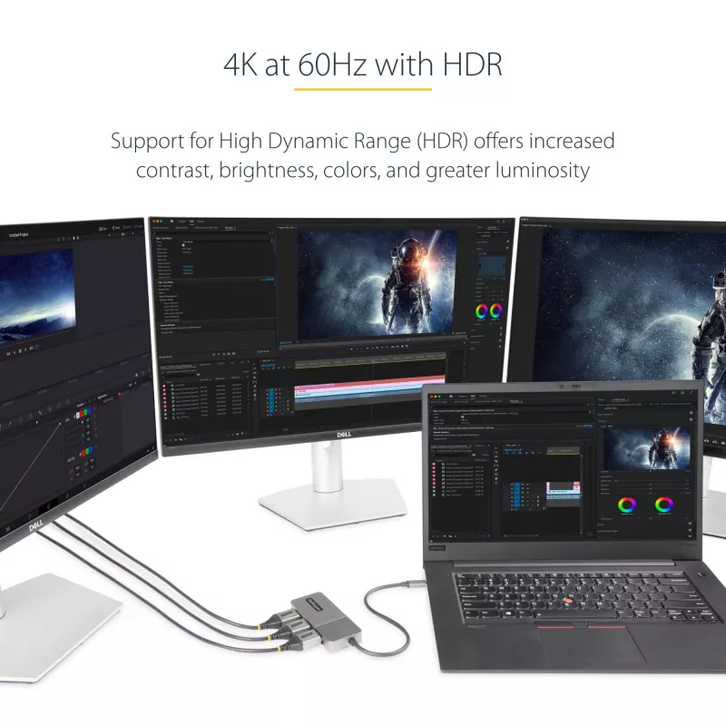 StarTech.com 3-Portu USB-C vairāku monitoru adapteris, USB Type-C uz 3x DisplayPort 1.4 MST centrmezgls, trīskāršs 4K 60Hz DP klēpjdatora paplašinātājs/sadalītājs, HDR, pagarināts iebūvētais kabelis - tikai Windows
