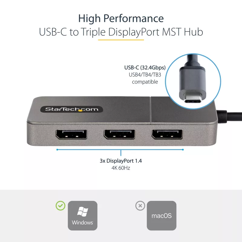 StarTech.com 3-Portu USB-C vairāku monitoru adapteris, USB Type-C uz 3x DisplayPort 1.4 MST centrmezgls, trīskāršs 4K 60Hz DP klēpjdatora paplašinātājs/sadalītājs, HDR, pagarināts iebūvētais kabelis - tikai Windows