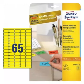 Pašlīmējošā printera etiķete Avery L4793-20, dzeltena, 1300 gab.