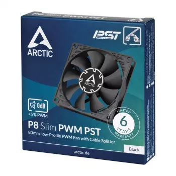 Ventilators Arctic P8 Slim PWM PST 80mm zema profila 38,23 m³/h Fluid Dynamic Bearing Melns