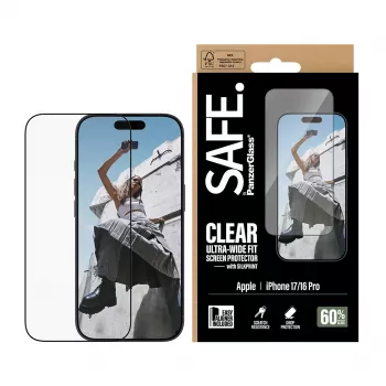 PanzerGlass SAFE. by ® Ekrāna aizsargs ar melnu rāmi iPhone 17 | 16 Pro | Ultra-Wide Fit ar EasyAligner