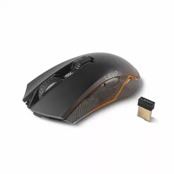Lexip Ar18 – Bezvadu spēļu pele ar keramikas slīdņiem, labā roka, optiska, RF bezvadu + USB Type-A, 4800 DPI, melna