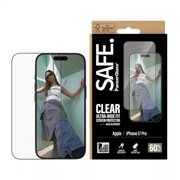Aizsargplēve PanzerGlass SAFE. by iPhone 17 Pro — ultra-plata PET plēve ar melnu rāmi, sausa uzklāšana, izturīga pret skrāpējumiem un triecieniem