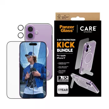 Aizsargmaciņa PanzerGlass CARE Feature Kick 3w1 iPhone 17 ar iebūvētu ekrāna stiklu un kameras lēcas aizsardzību