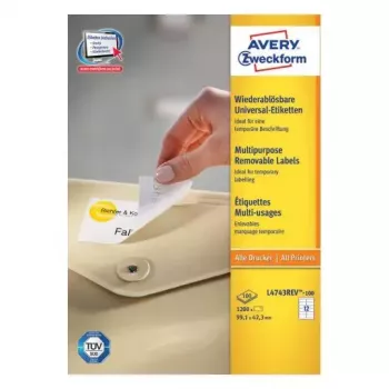 Pašlīmējošās etiķetes Avery L4743REV-100, noņemamas, baltas, 1200 gab.