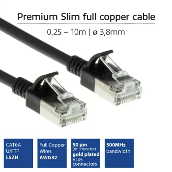 ACT Black 2 m LSZH U/FTP CAT6A datacentra slaidais vītā pāra vads ar RJ45 savienotājiem, bezķēdes