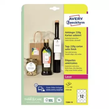 Nelīmējošā birka Avery T2004-10 120 gab. Baltas Apaļas 6 cm