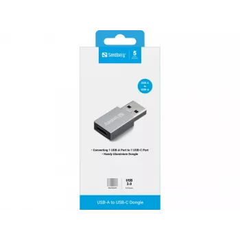 Sandberg USB-A uz USB-C pārejas adapteris, alumīnija korpuss