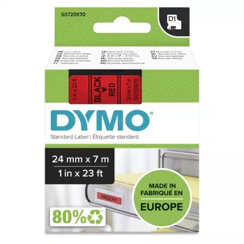 DYMO Autentiskas D1 etiķetes | 24mm x 7m ruļļi | Melns drukājums uz sarkana | Pašlīmējošas etiķetes LabelManager printeriem
