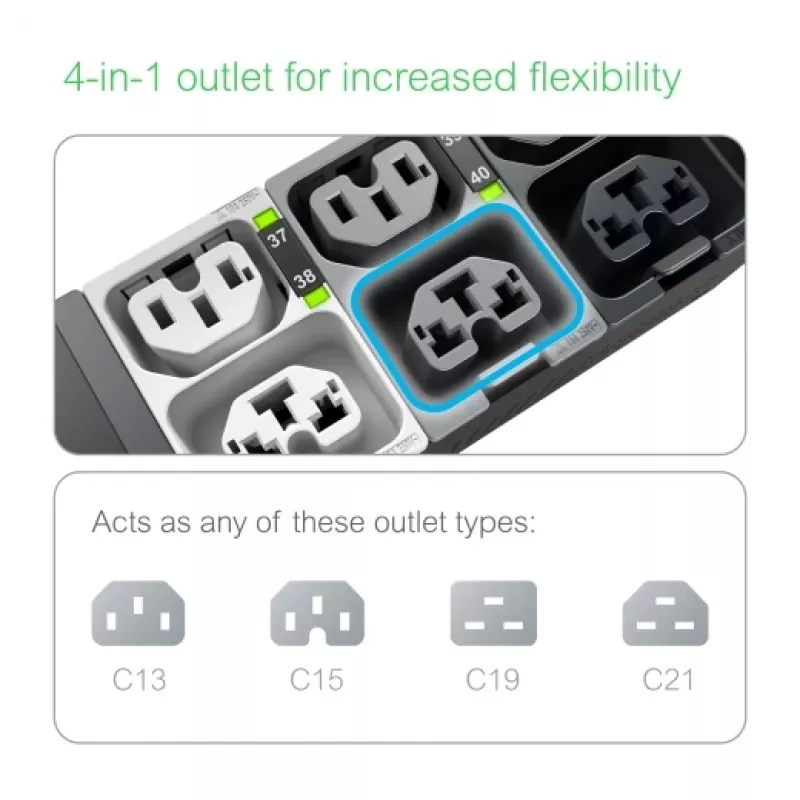 APC NetShelter Rack PDU Advanced, Mērītais kontaktligzdu bloks, 3F, 22.1kW 400V 32A vai 17.3kW 415V 30A, 48 kontaktligzdas, IEC309