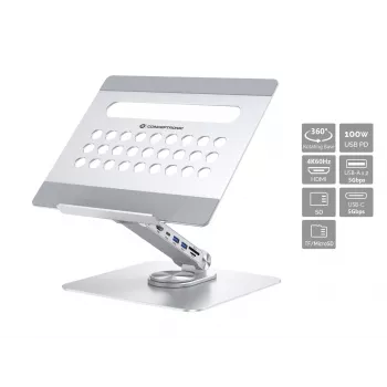 Conceptronic DONN27G klēpjdatora statīvs, sudraba, alumīnijs, 360°, USB 3.2 Gen 1 Type-C, 5000 Mbit/s