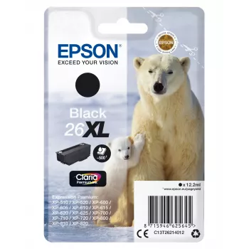 Epson 26XL Claria Premium melnā tintes kasetne, augstas ietilpības, pigmenta tinte, 12.2 ml, 1 gab., 500 lpp.