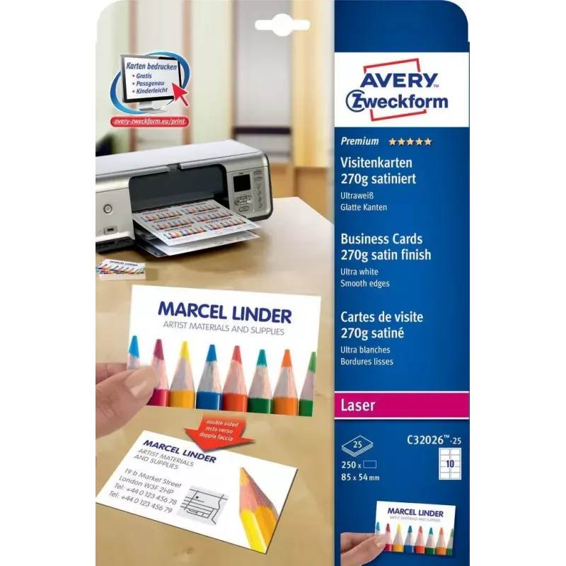 Avery Zweckform Quick&Clean C32026-25 vizītkartes, baltas, 54 x 85 mm, 270 g/m2, 250 kartītes (25 loksnes)