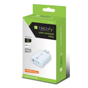 Techly IPW-PD140W-WH sienas lādētājs, GaN, 140W, 3x USB-C, 1x USB-A, balts