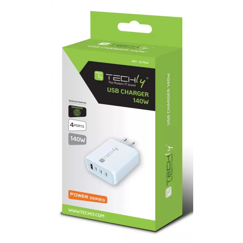 Techly IPW-PD140W-WH sienas lādētājs, GaN, 140W, 3x USB-C, 1x USB-A, balts